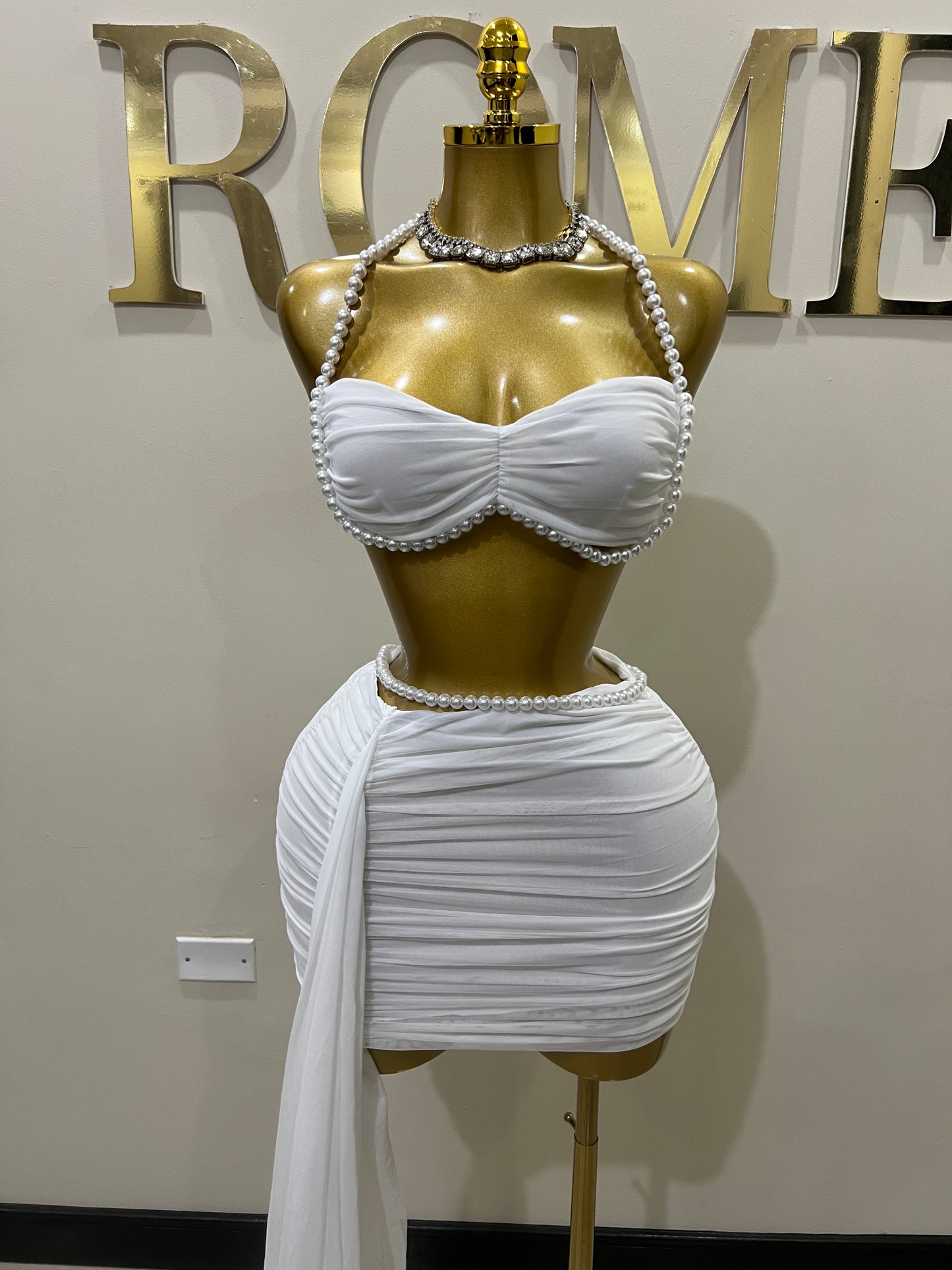 Emma Pearl Mesh Mini Allegra Skirt Set (White)