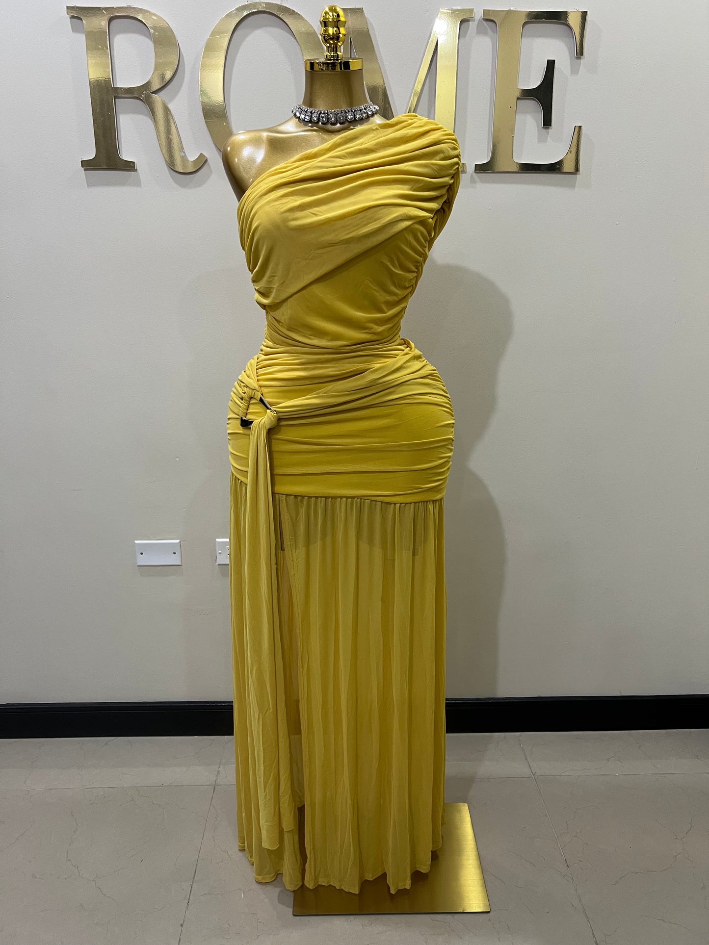 Nara Michelle Angle Mesh Split Dress (Yellow)