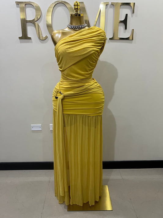 Nara Michelle Angle Mesh Split Dress (Yellow)