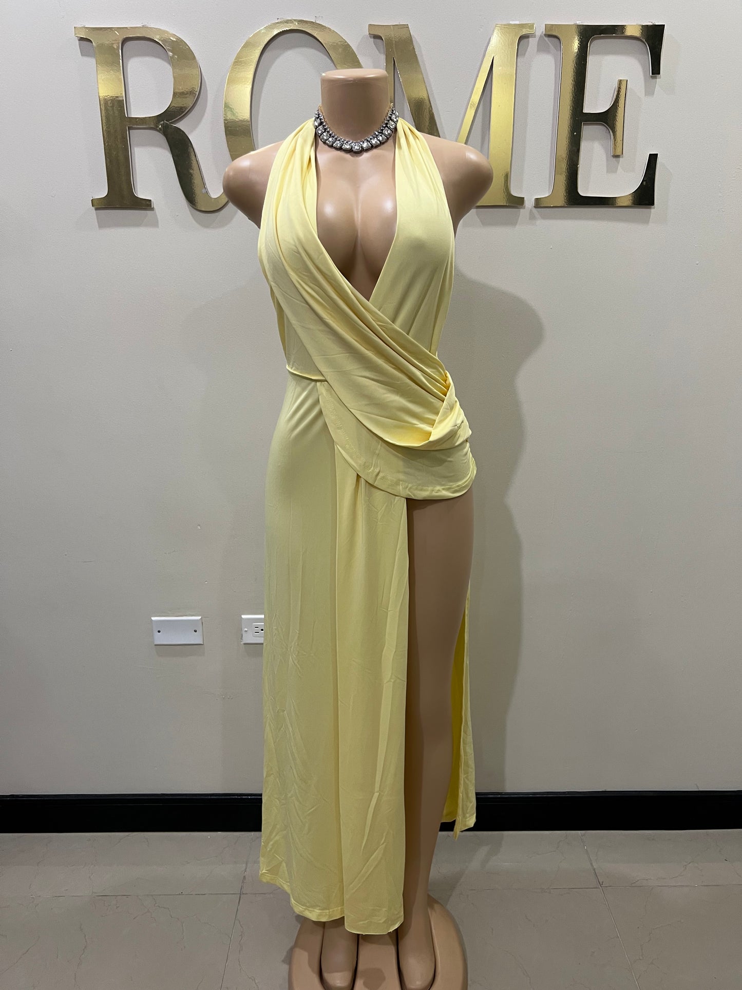 Deep V Rouched Dress (Yellow)