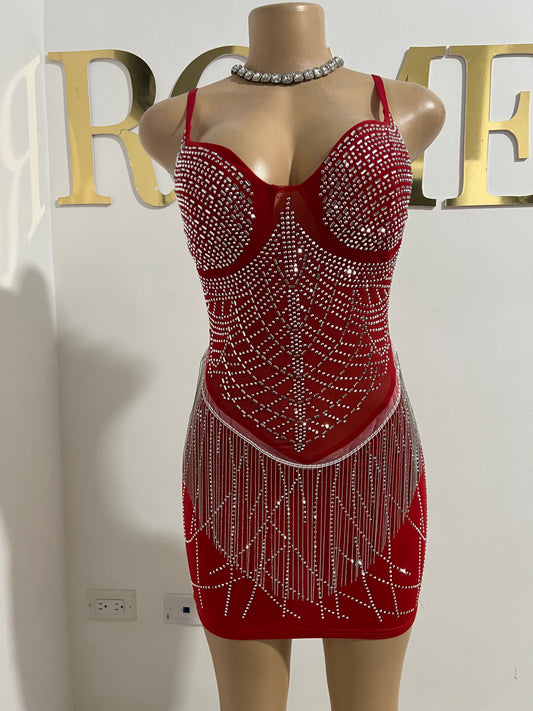 Gianna Fringe Crystal Dress (Red)