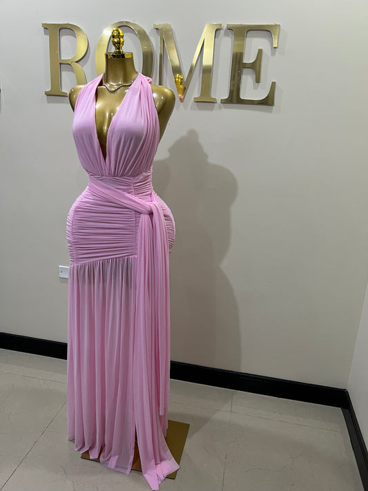Michelle Grace Deep V Tie Split Dress (Pink)