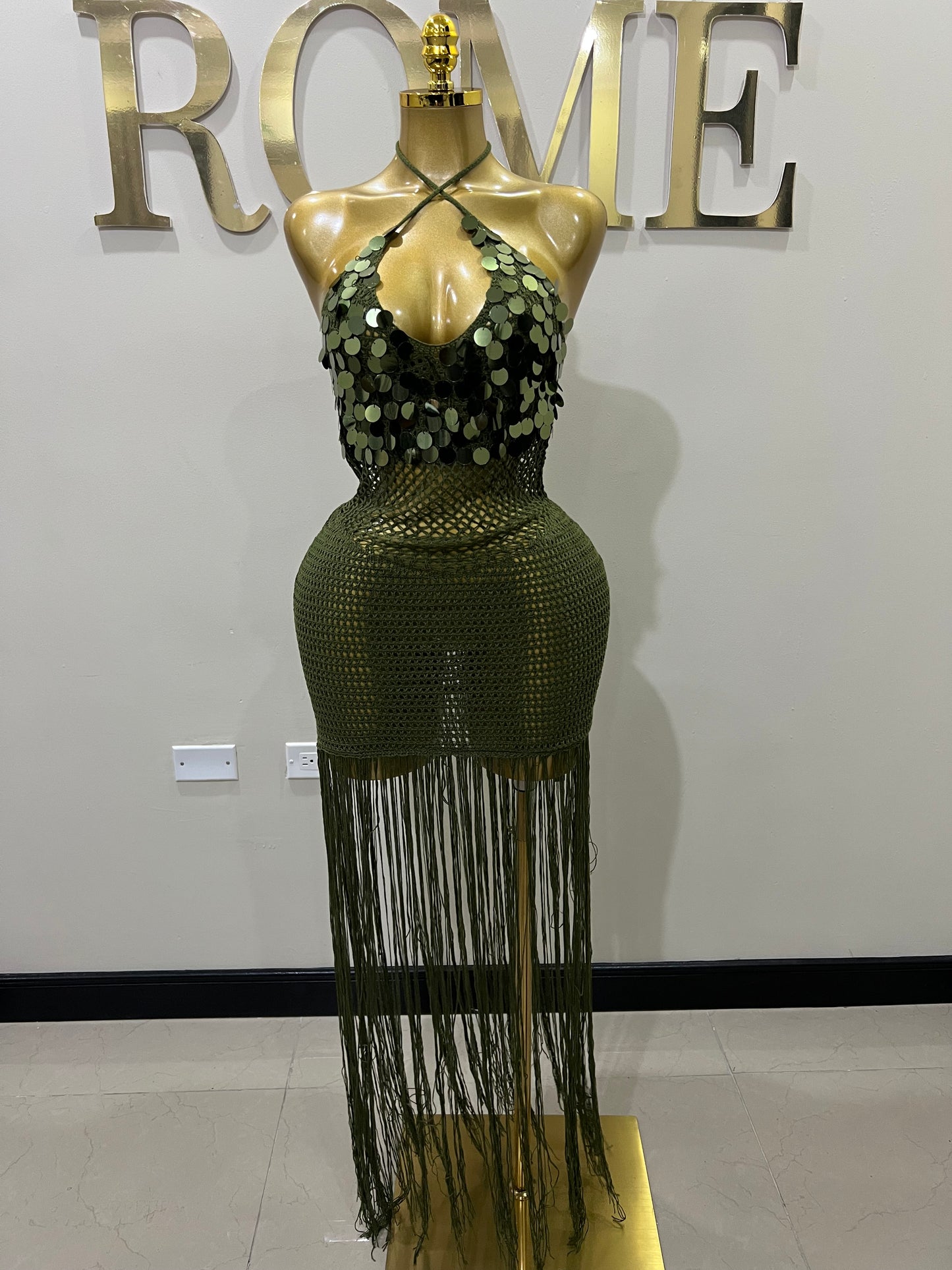 Destiny Sequin Crochet Fringe Dress (Green)