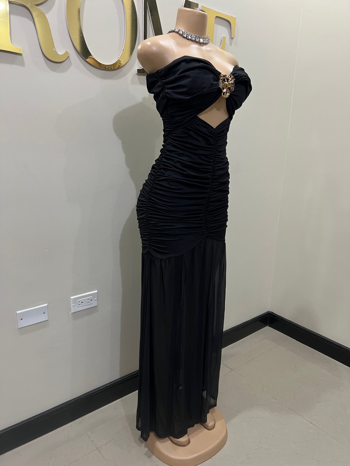 Nara Sophie Petal Off Shoulder Split Dress (Black)