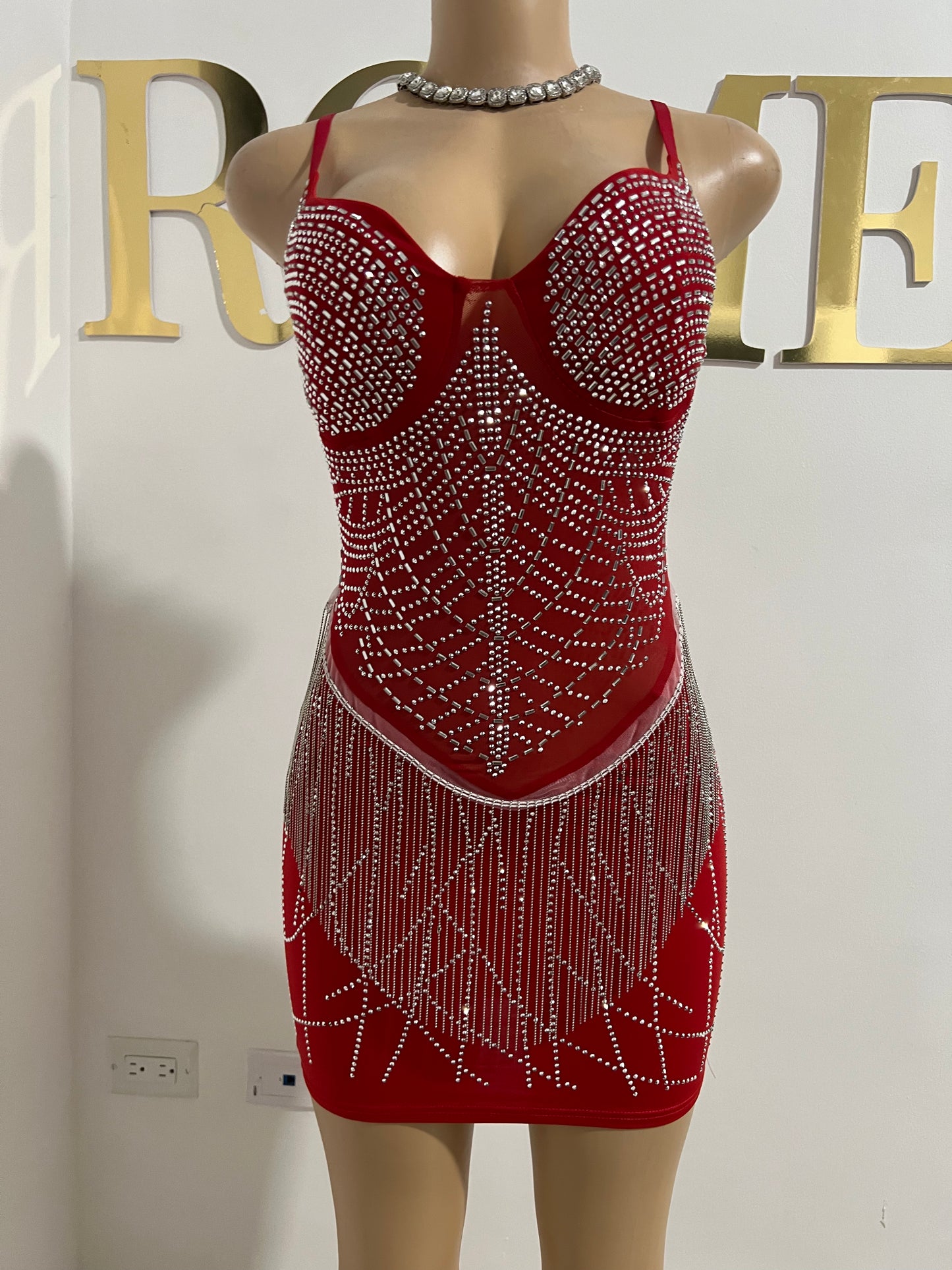 Gianna Fringe Crystal Dress (Red)