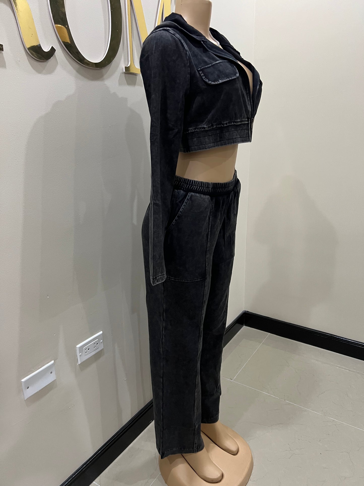 Rhia Cropped Hoodie & Pants Set (Black)