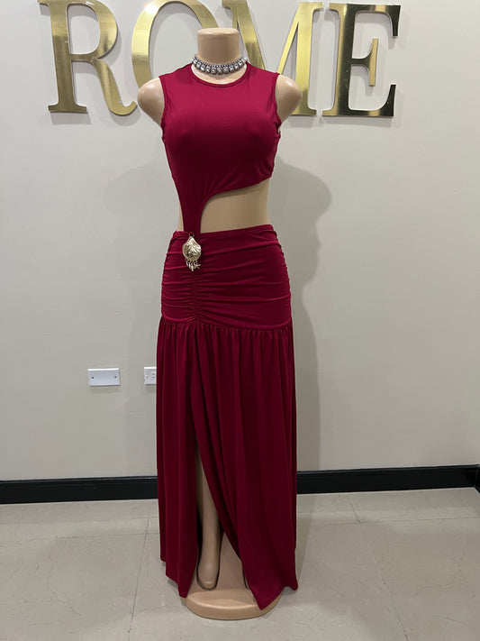 Attached Nara Seashell Split Dress (Burgundy)