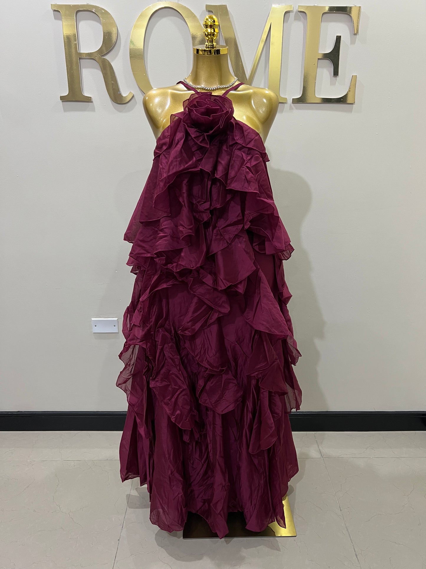 Rumi Chen Ruffle Long Dress (Burgundy)