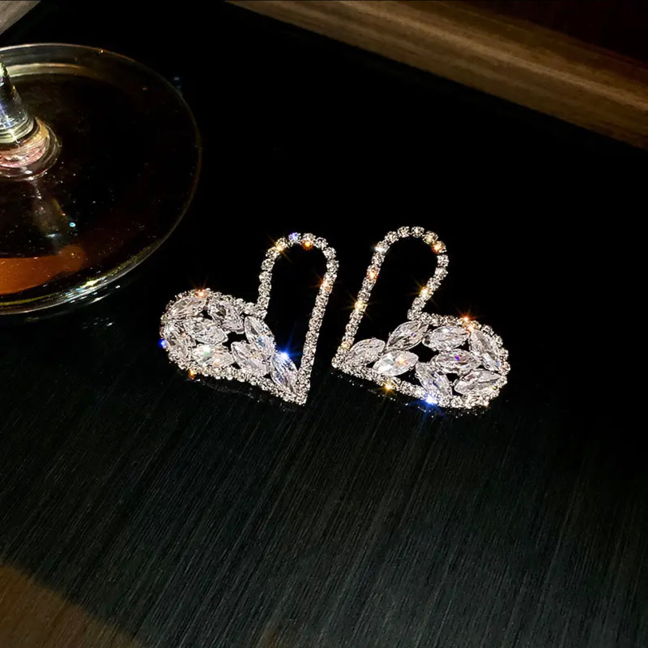 Half Crystal Heart Earrings (Silver)