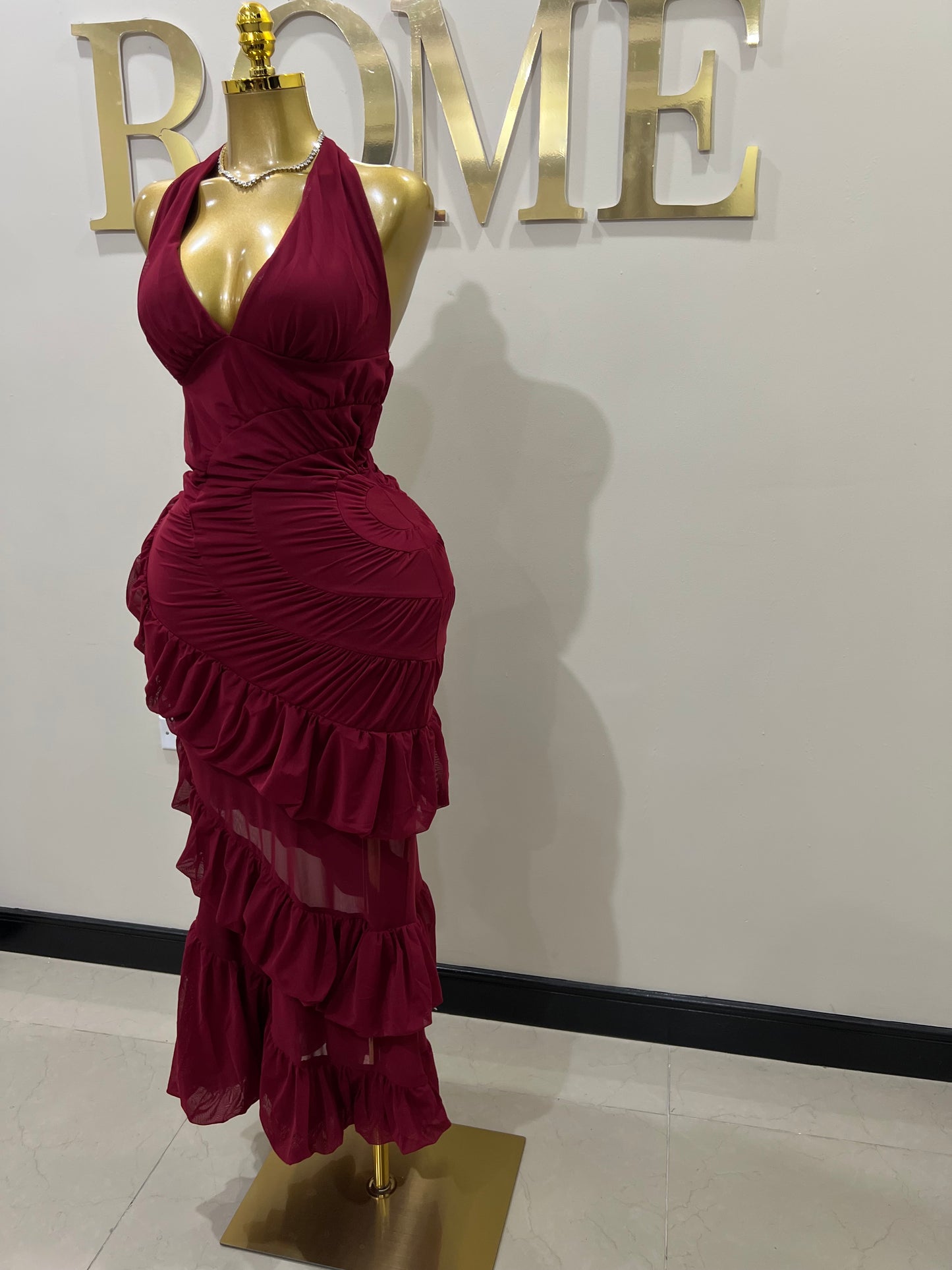 Courtili Ruffle Mesh Dress (Burgundy)