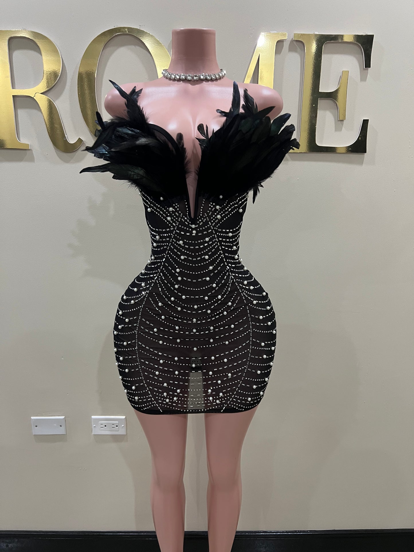 Elle Feather Crystal Dress (Black)