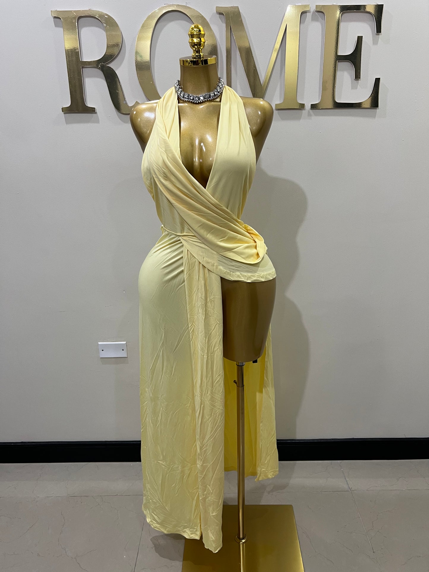 Deep V Rouched Dress (Yellow)