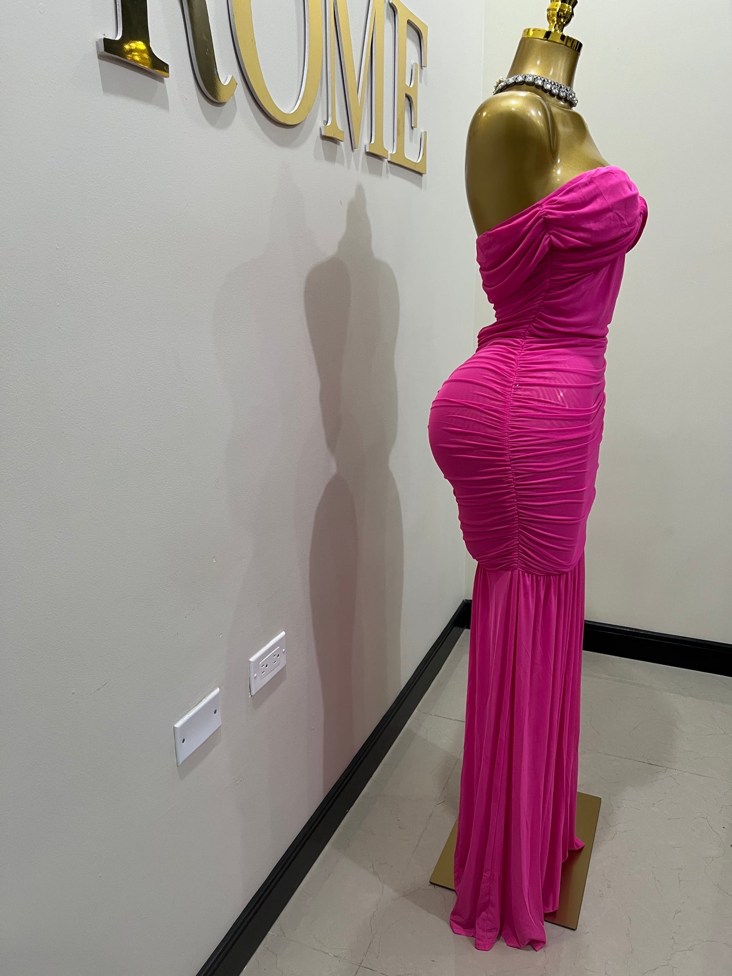 Sophie Off Shoulder Mesh Dress (Pink)