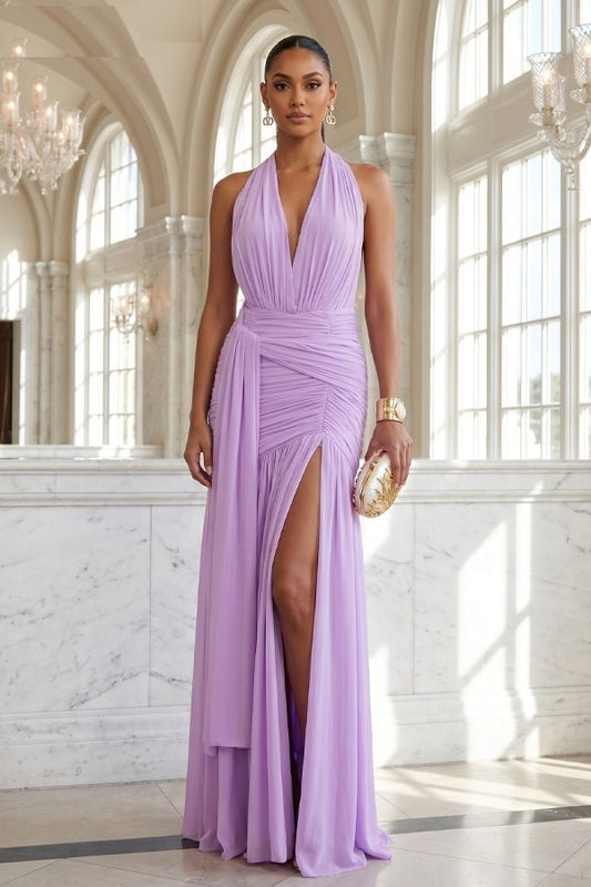 Michelle Grace Deep V Tie Split Dress (Lilac)