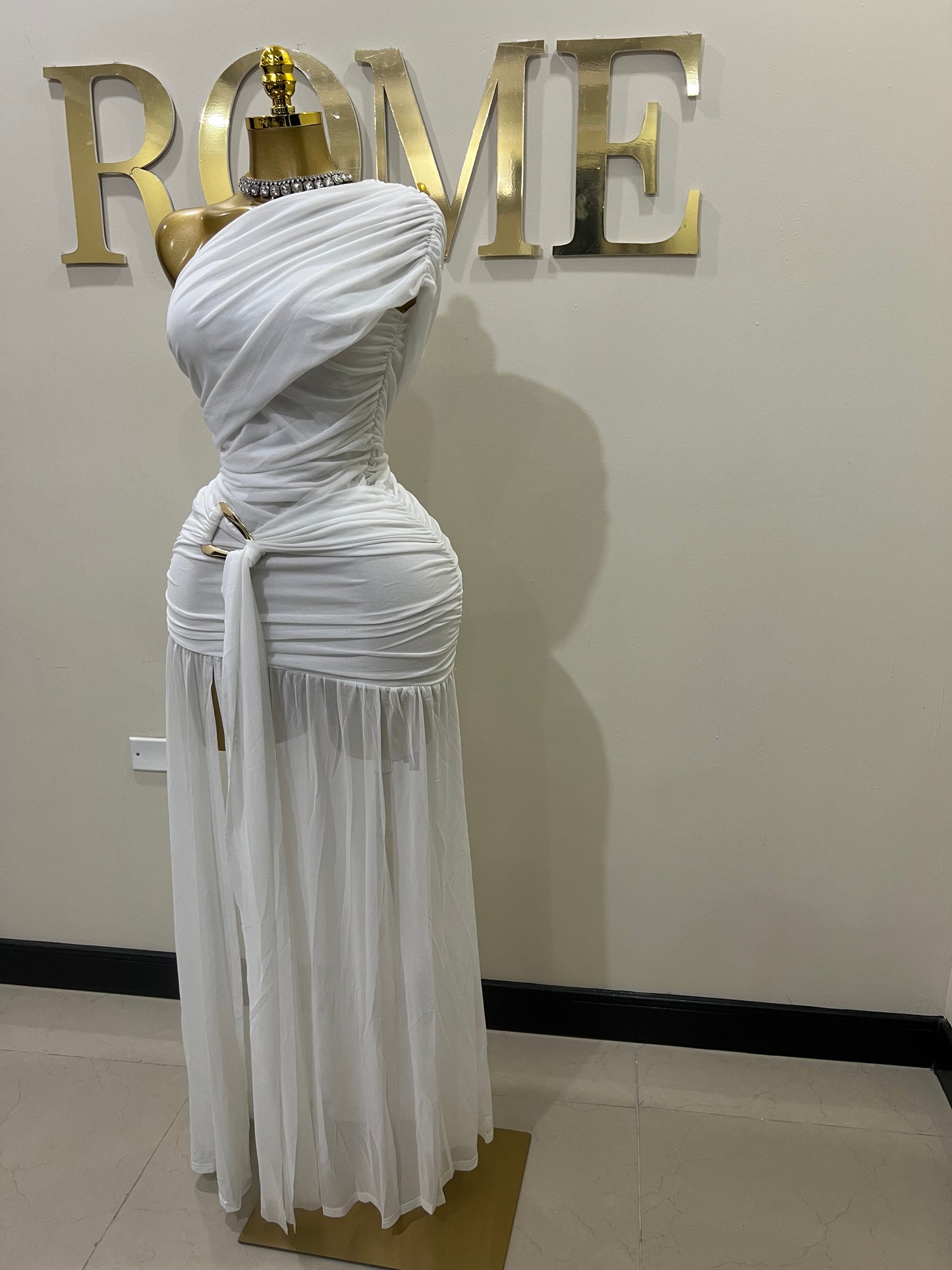 Nara Michelle Angle Mesh Split Dress (White)