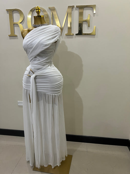 Nara Michelle Angle Mesh Split Dress (White)