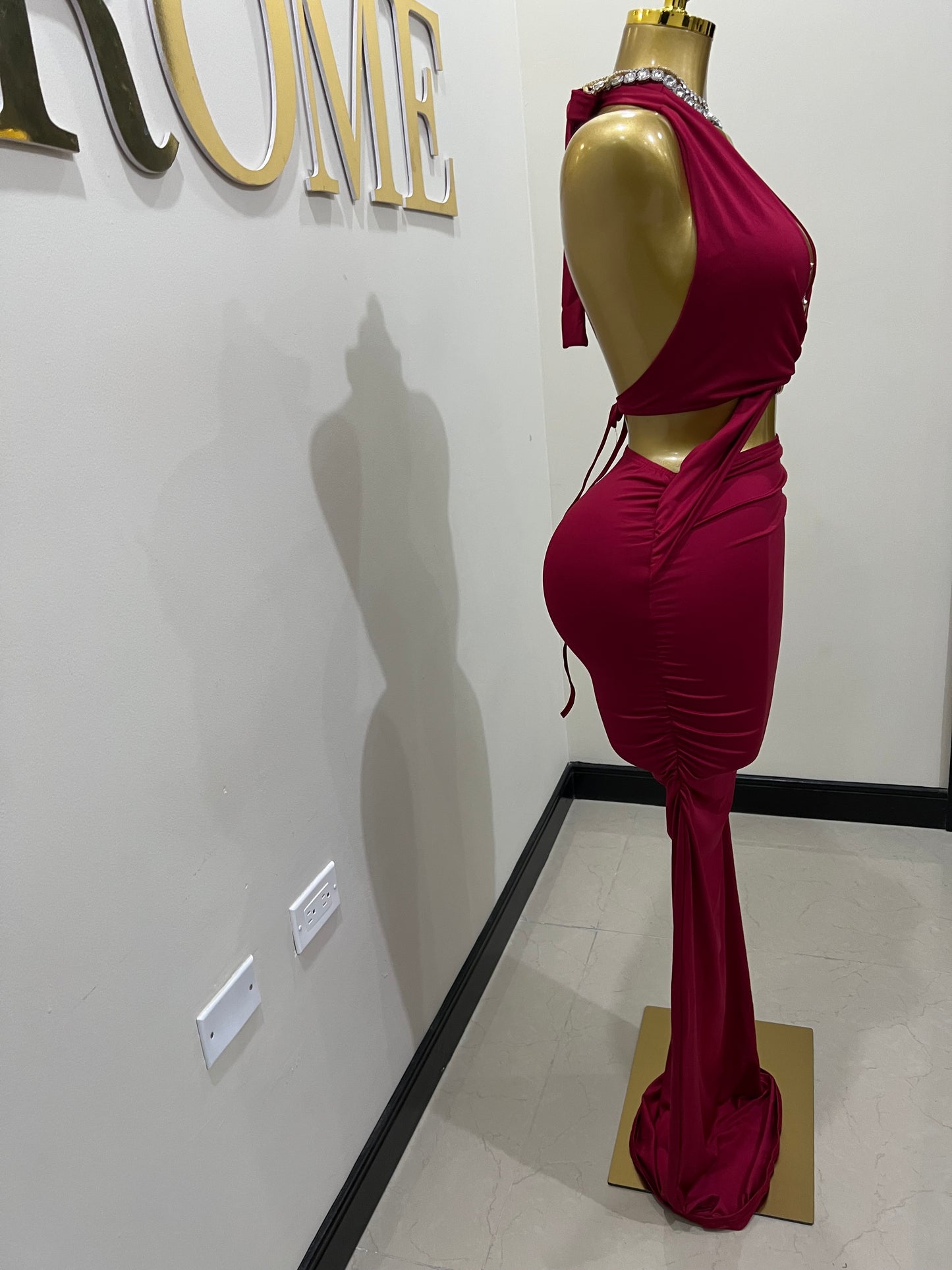 Snake Ming Deep V Dress (Burgundy)