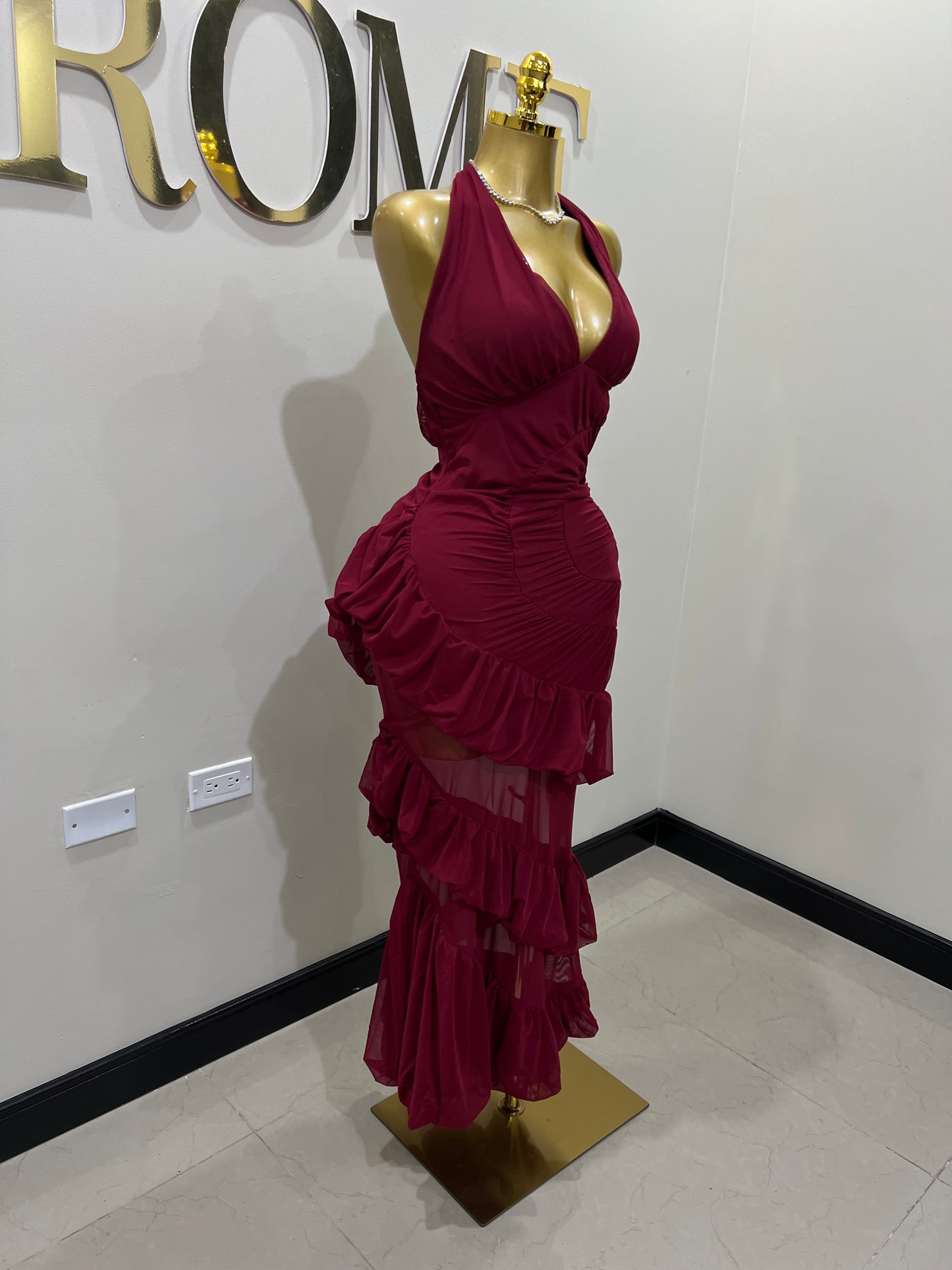 Courtili Ruffle Mesh Dress (Burgundy)