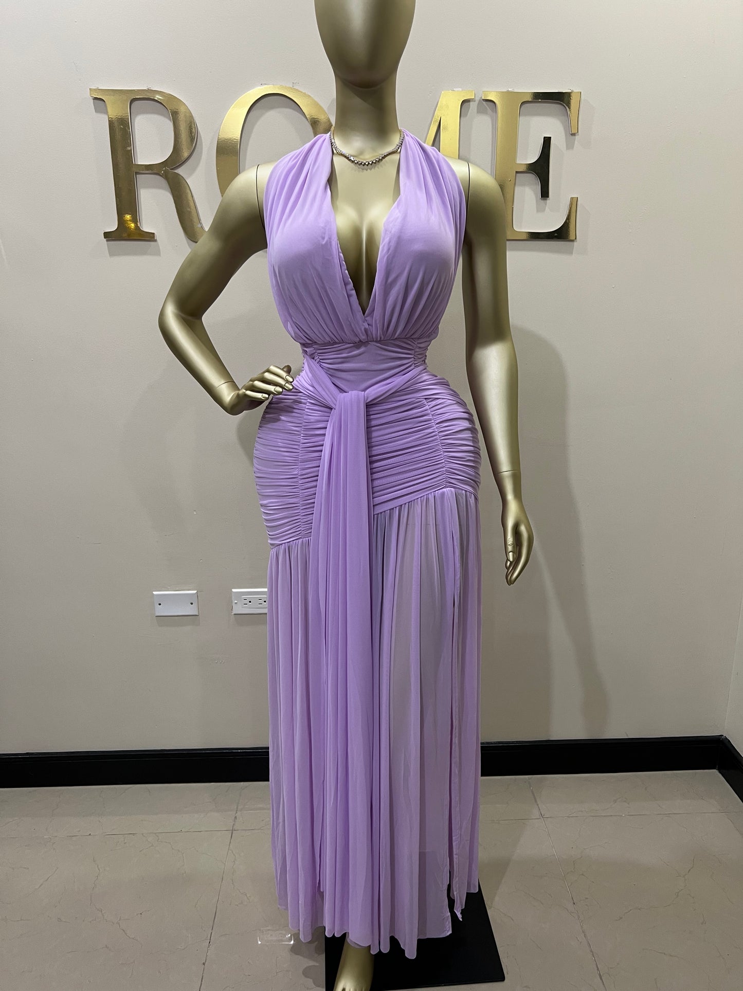 Michelle Grace Deep V Tie Split Dress (Lilac)