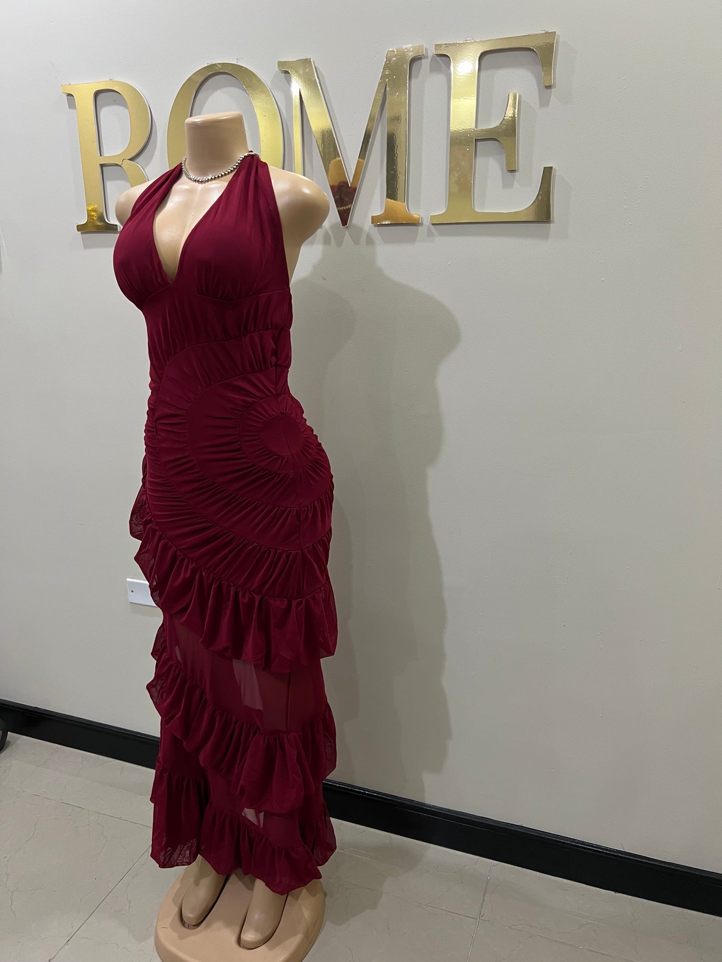 Courtili Ruffle Mesh Dress (Burgundy)