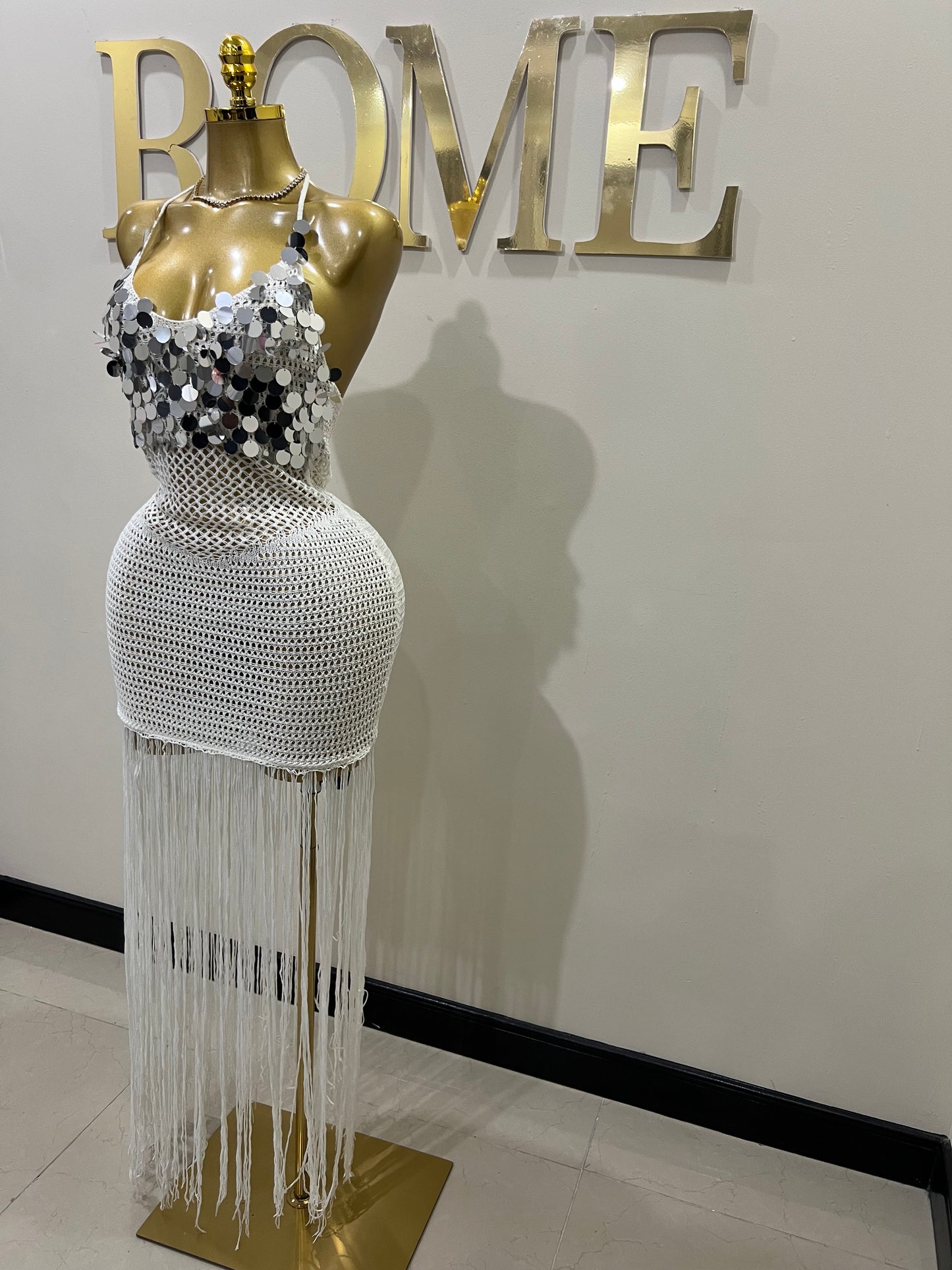 Destiny Sequin Crochet Fringe Dress (White)