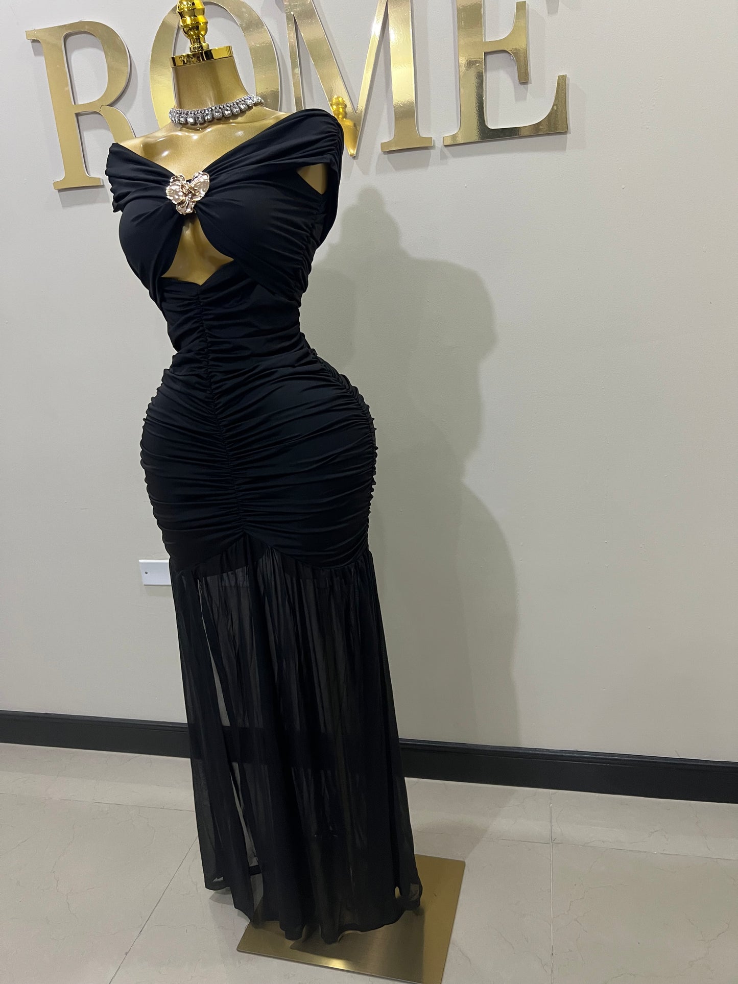 Nara Sophie Petal Off Shoulder Split Dress (Black)