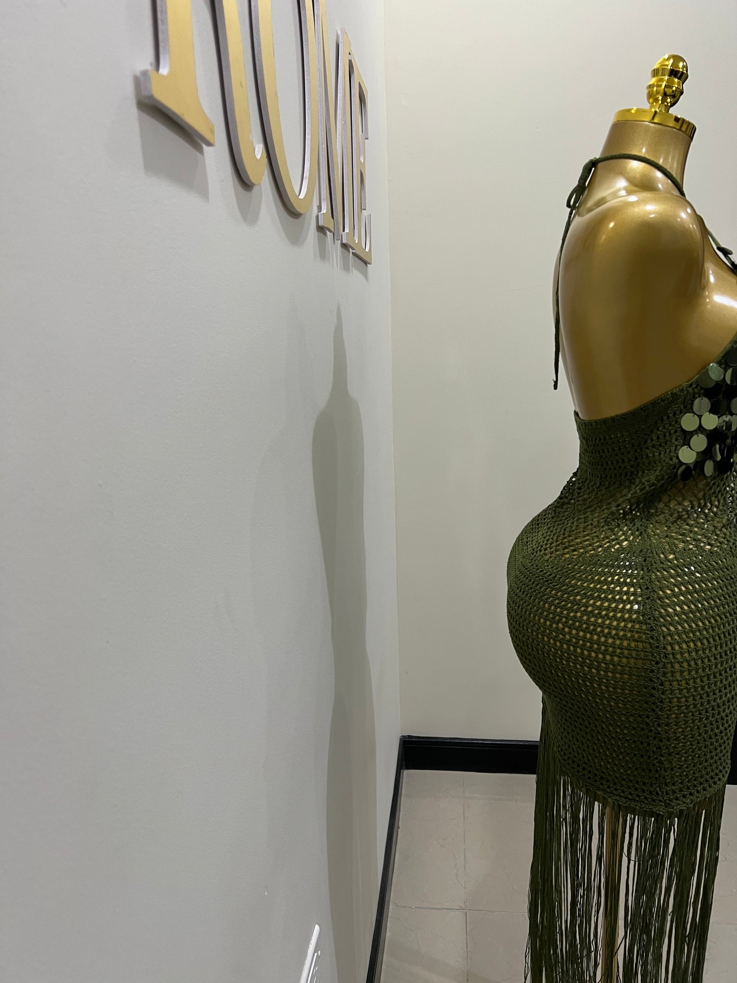 Destiny Sequin Crochet Fringe Dress (Green)