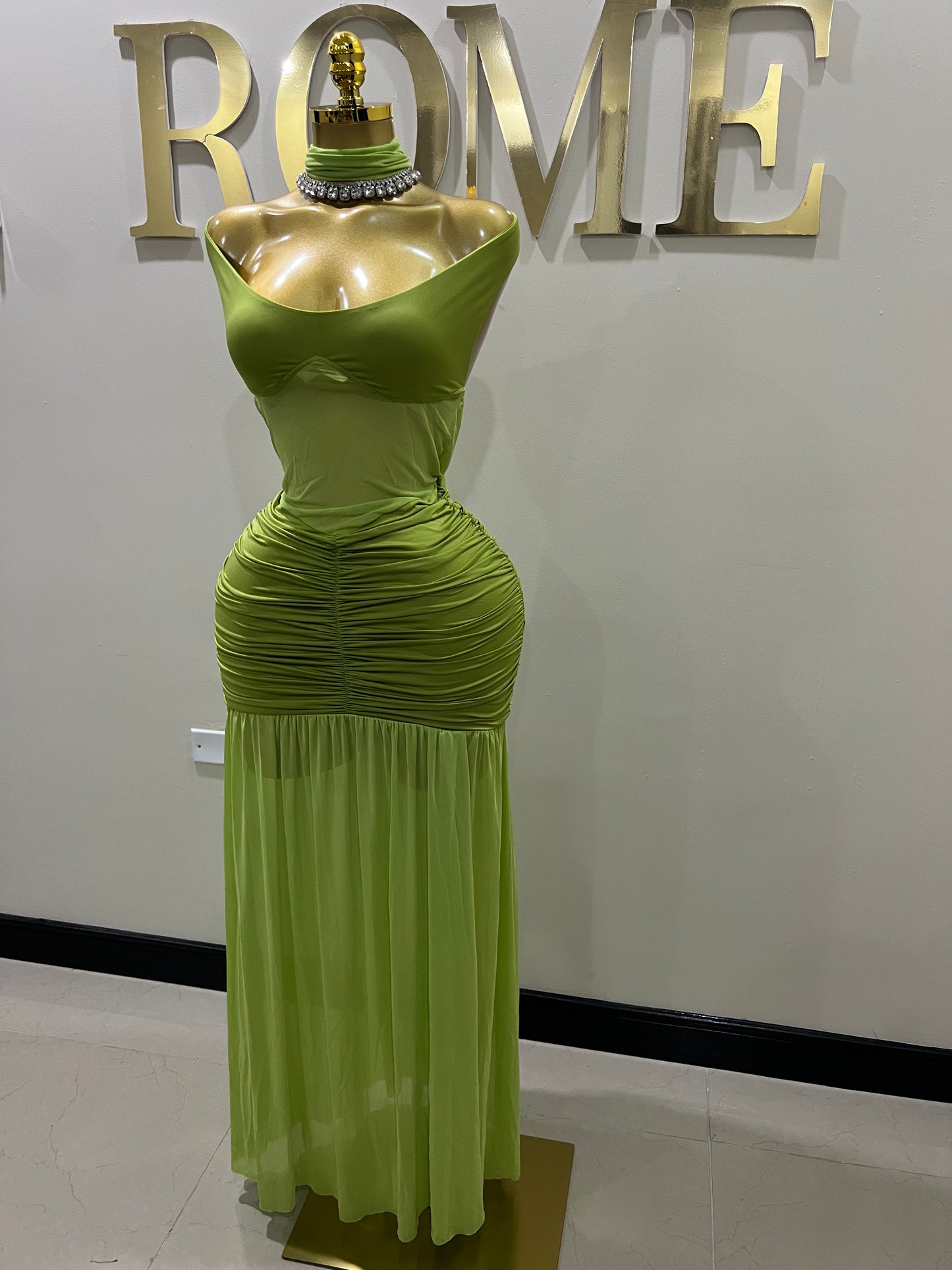 Off Shoulder Nara Split Dress with Scarf (Green)