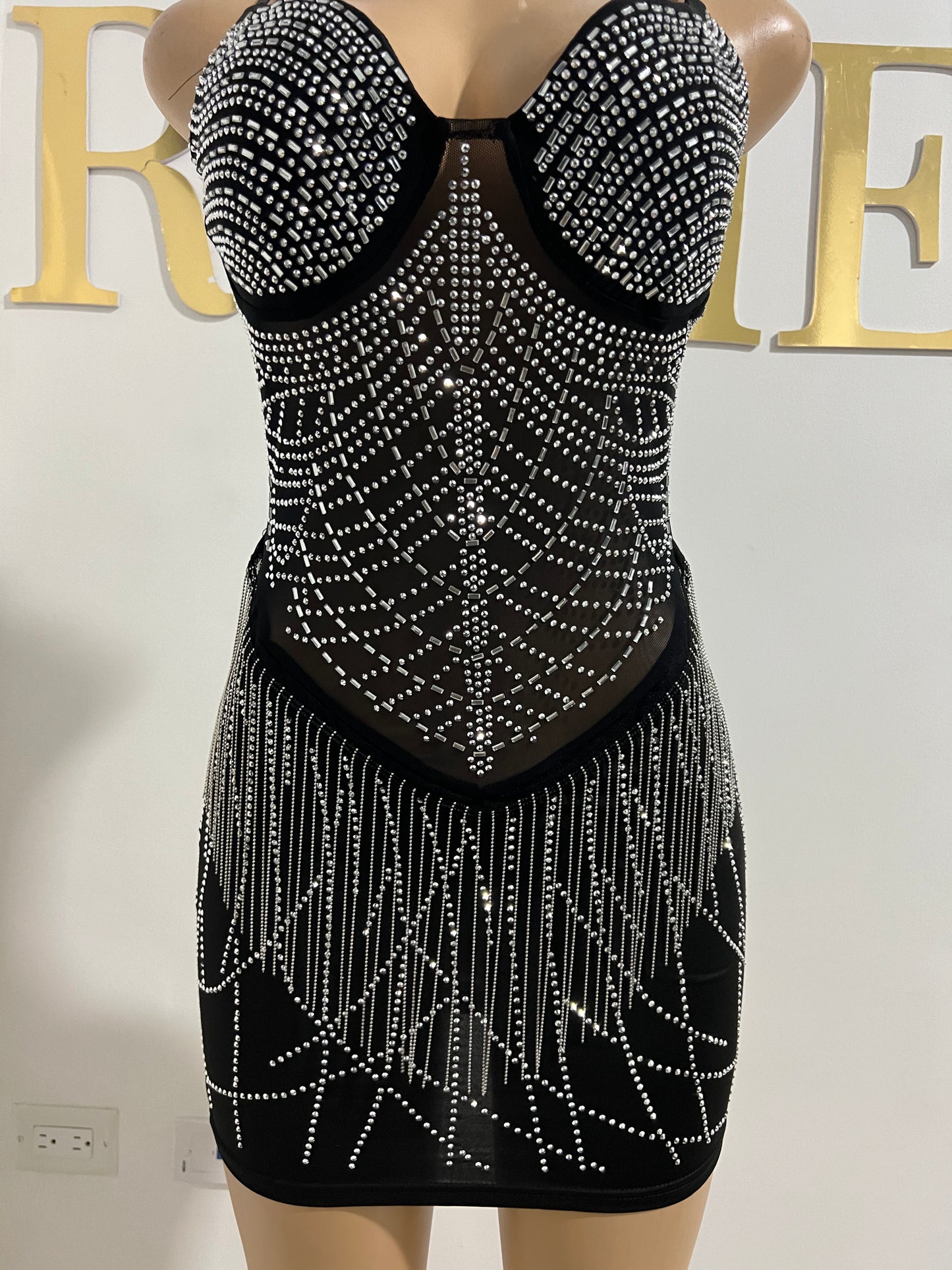 Gianna Fringe Crystal Dress (Black)