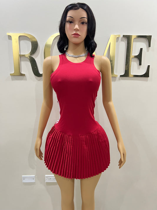 Tennis Pleated Stripe Dress (Red)