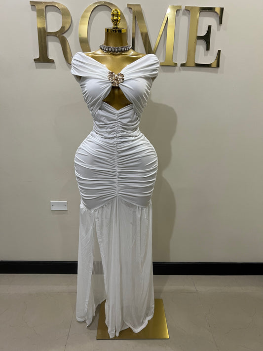 Nara Sophie Petal Off Shoulder Split Dress (White)
