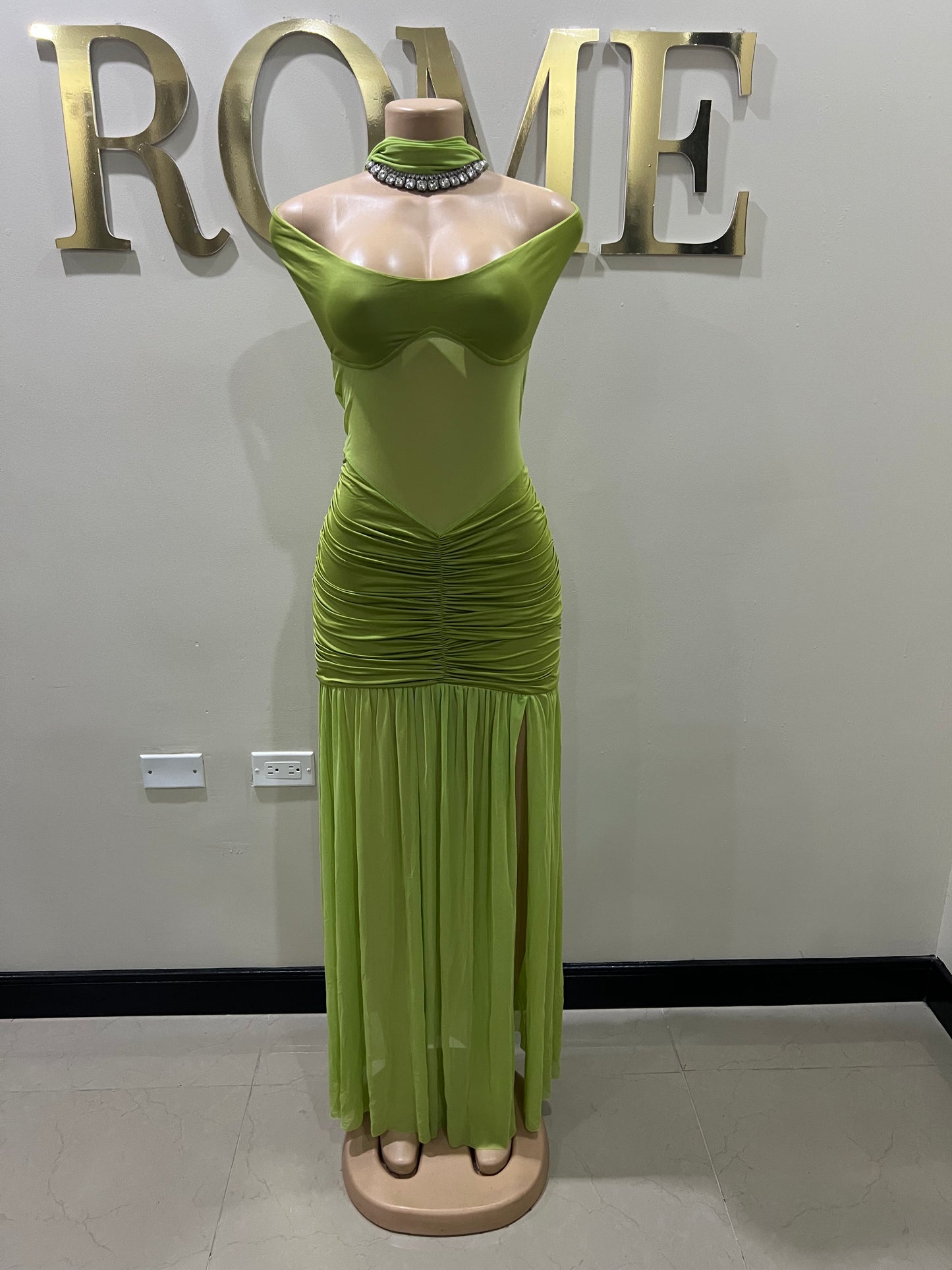 Off Shoulder Nara Split Dress with Scarf (Green)