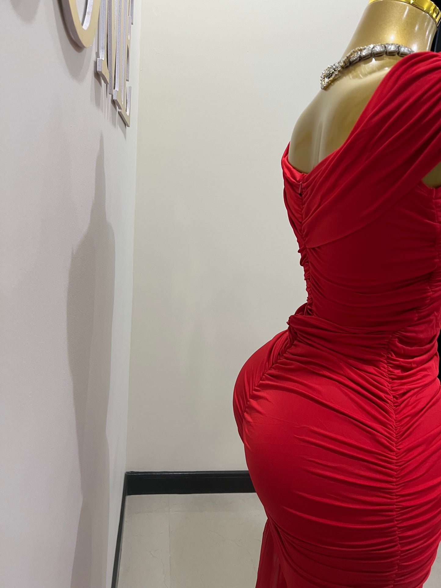 Nara Sophie Petal Off Shoulder Split Dress (Red)