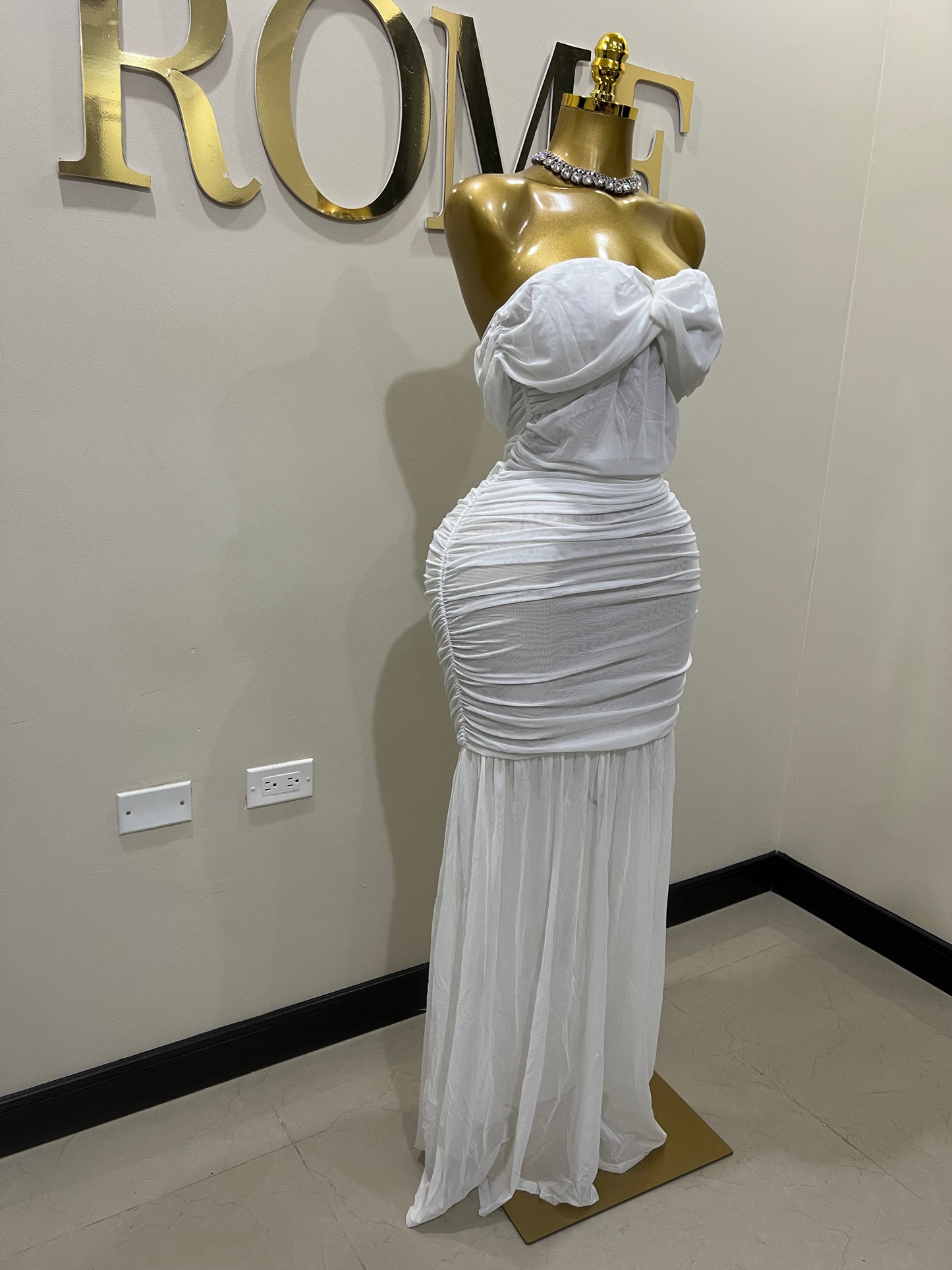 Sophie Off Shoulder Mesh Dress (White)