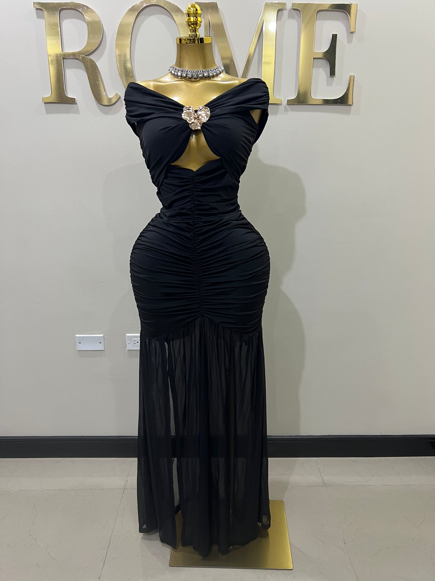 Nara Sophie Petal Off Shoulder Split Dress (Black)
