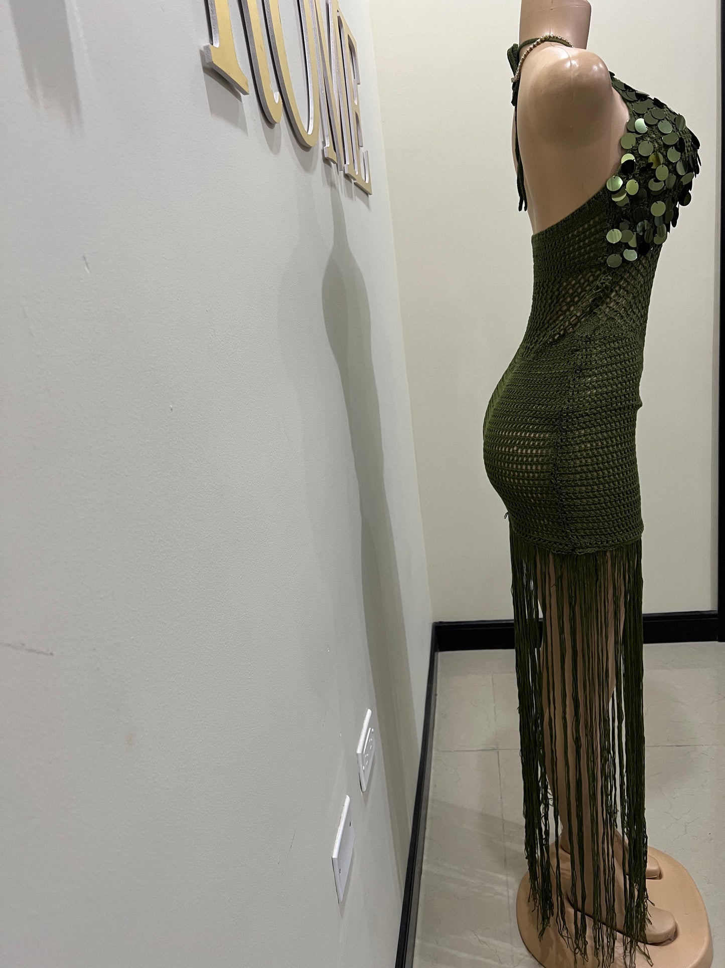 Destiny Sequin Crochet Fringe Dress (Green)
