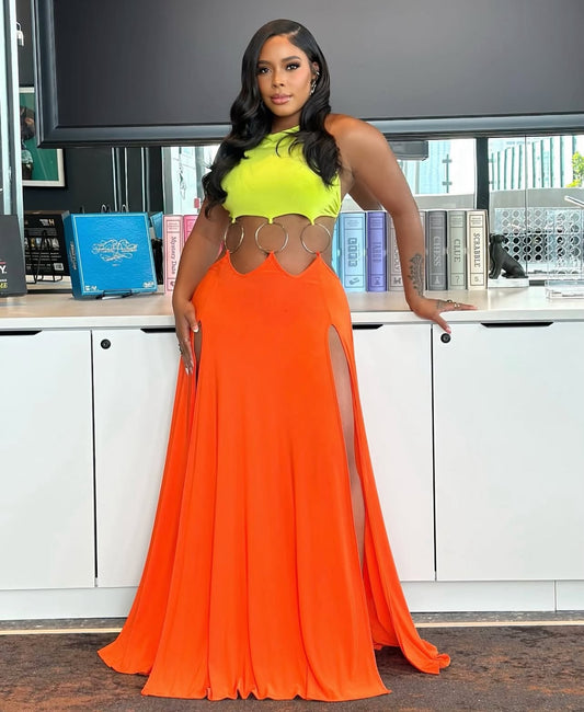 Risa Rings High Splits Dress (Orange)