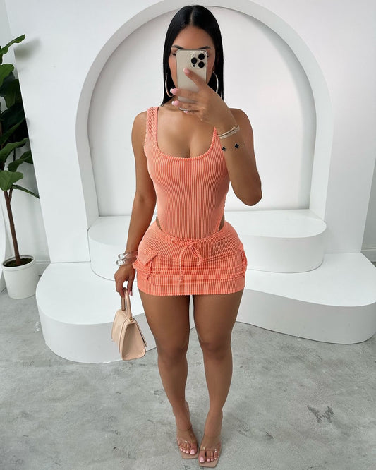 Brianna Bodysuit Skirt Set (Orange)