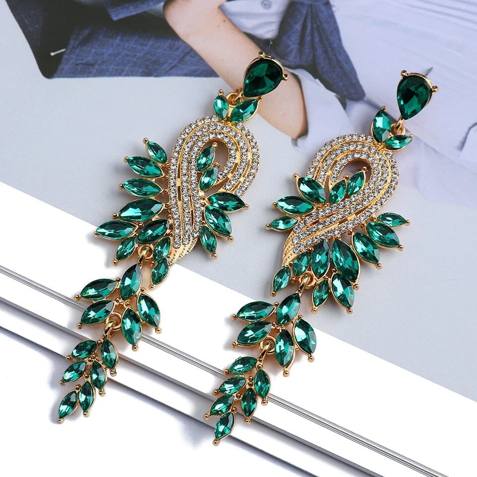 Hollywood Crystal Earrings (Green-Gold)