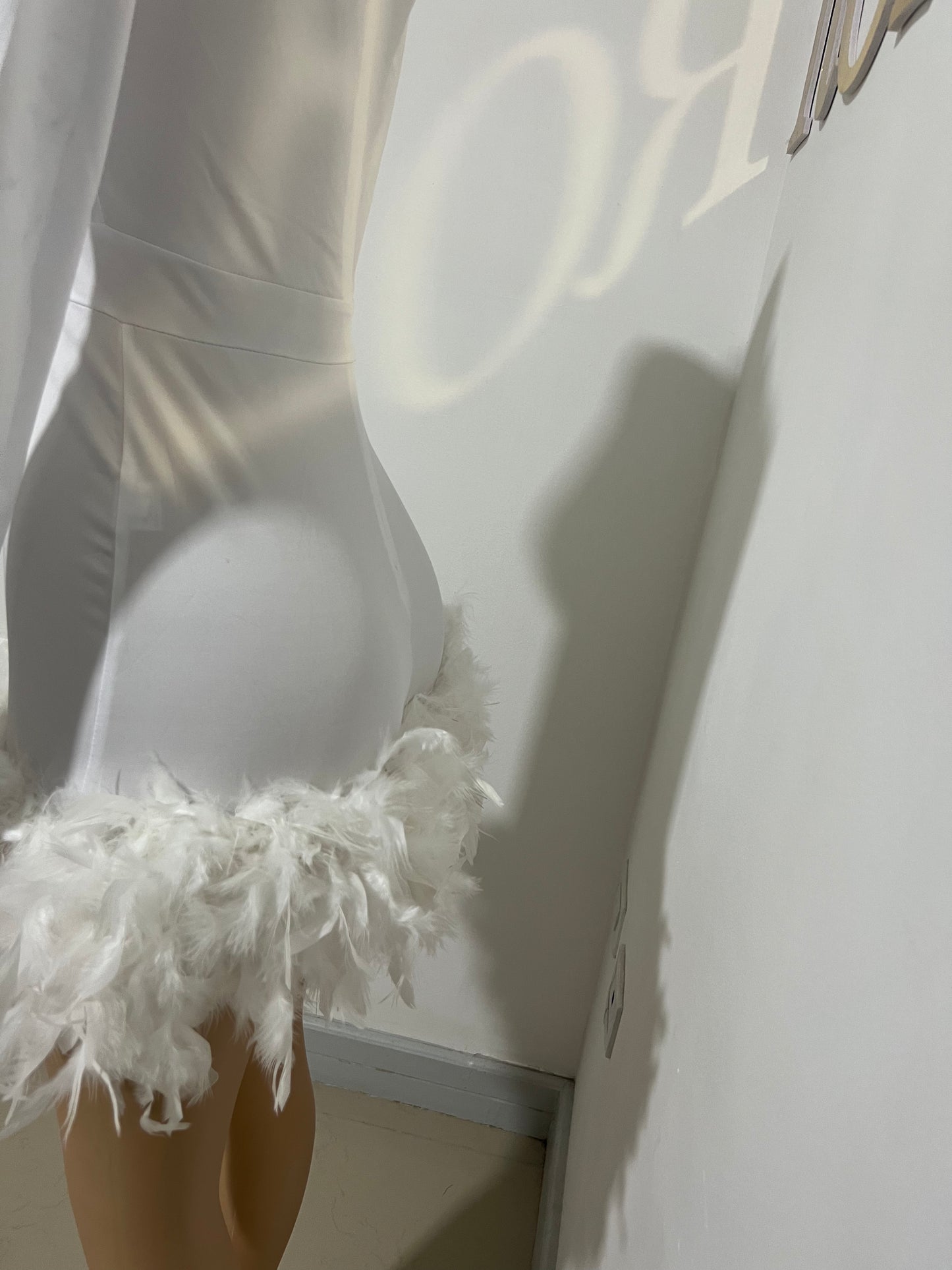 Slay Feather Mini Romper Dress (White)