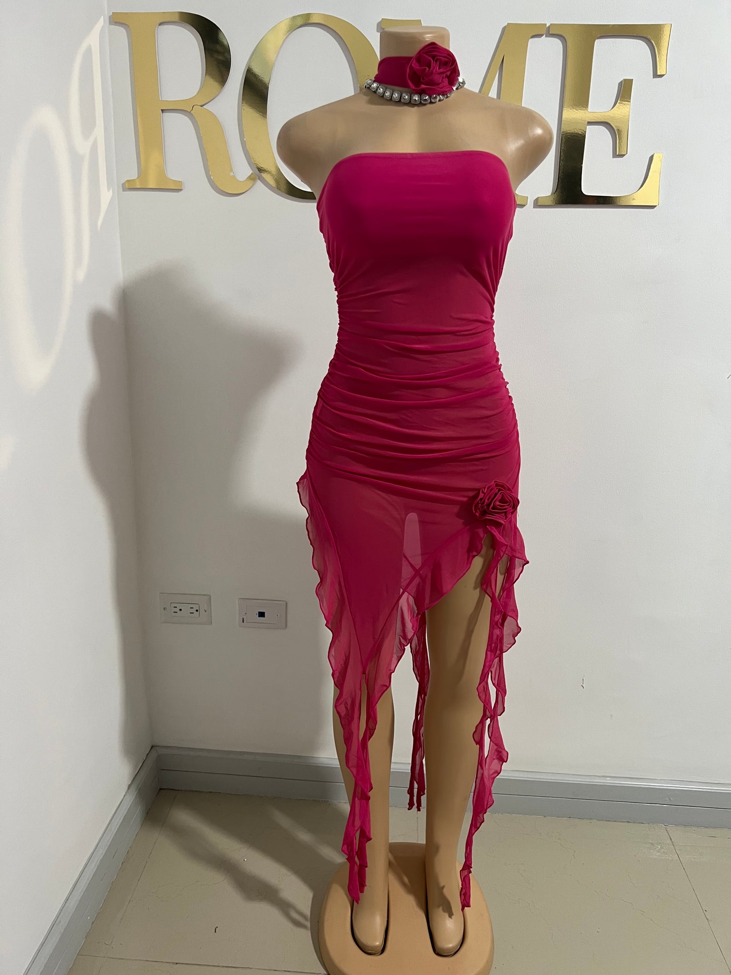 Rose Sheer Ruffle Dress (Pink)