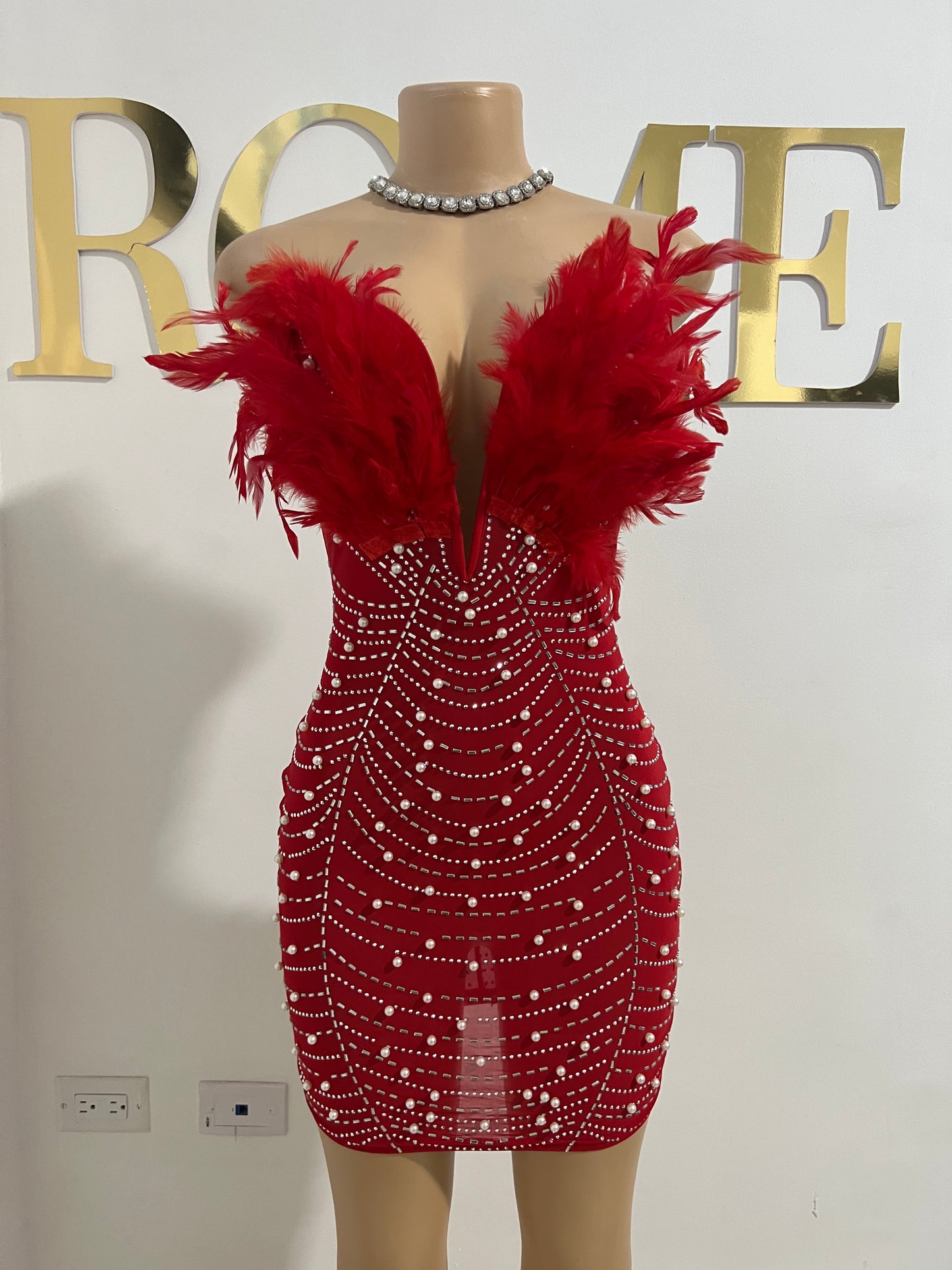 Elle Feather Crystal Dress (Red)