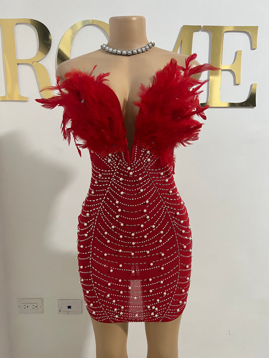 Elle Feather Crystal Dress (Red)