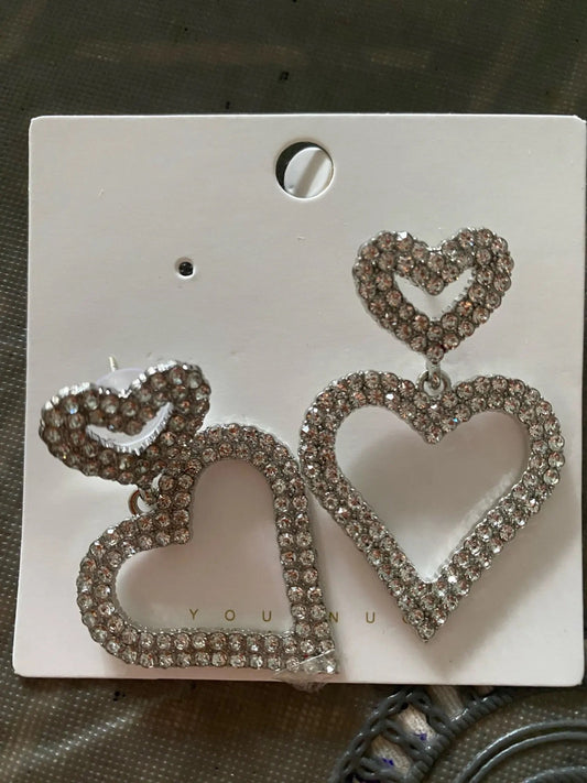 Two Hearts Crystal Earrings (Silver)