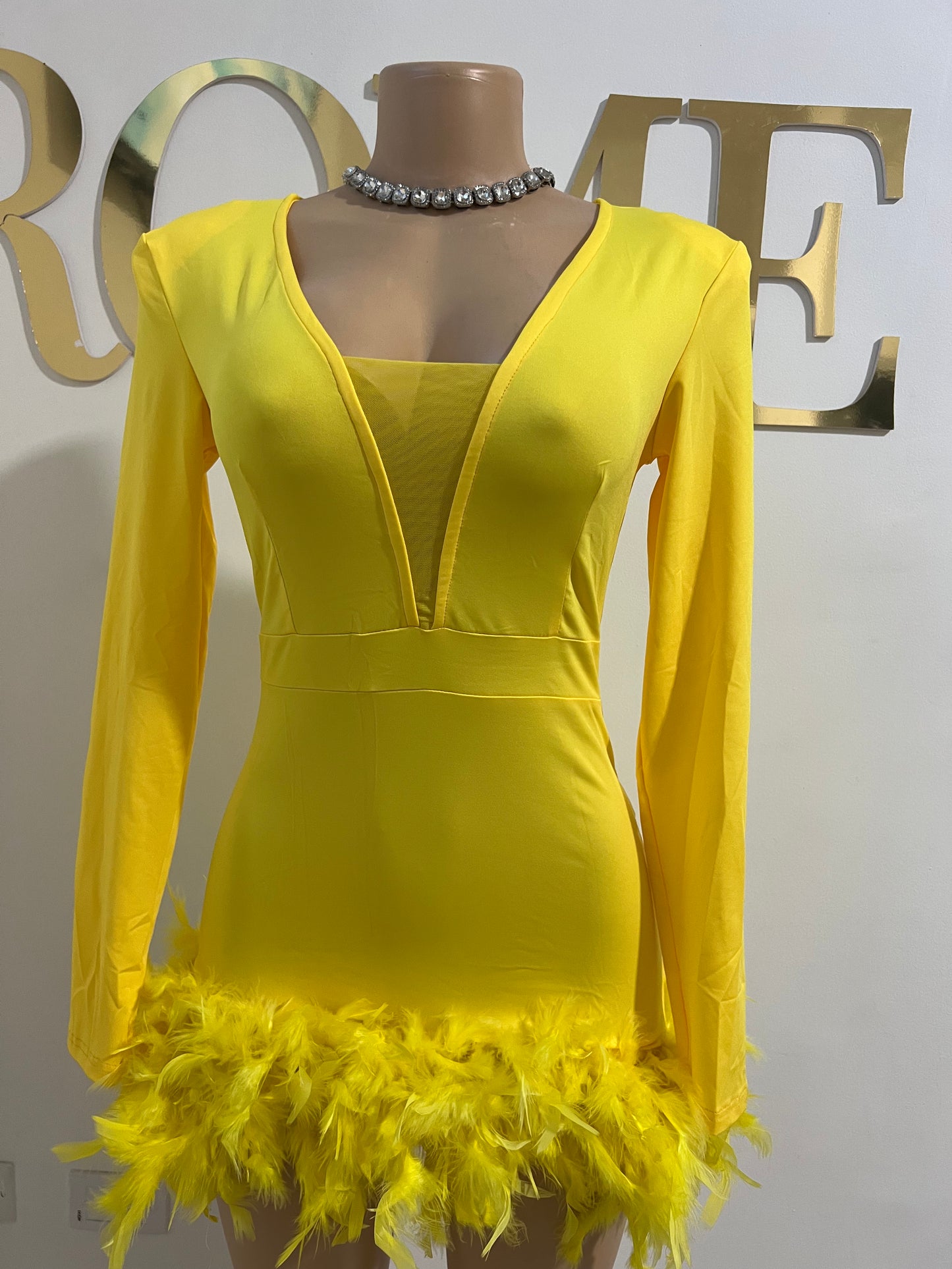 Slay Feather Mini Romper Dress (Yellow)