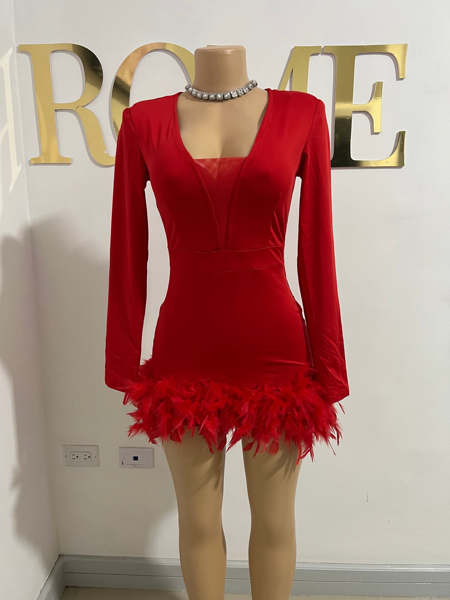 Slay Feather Mini Romper Dress (Red)