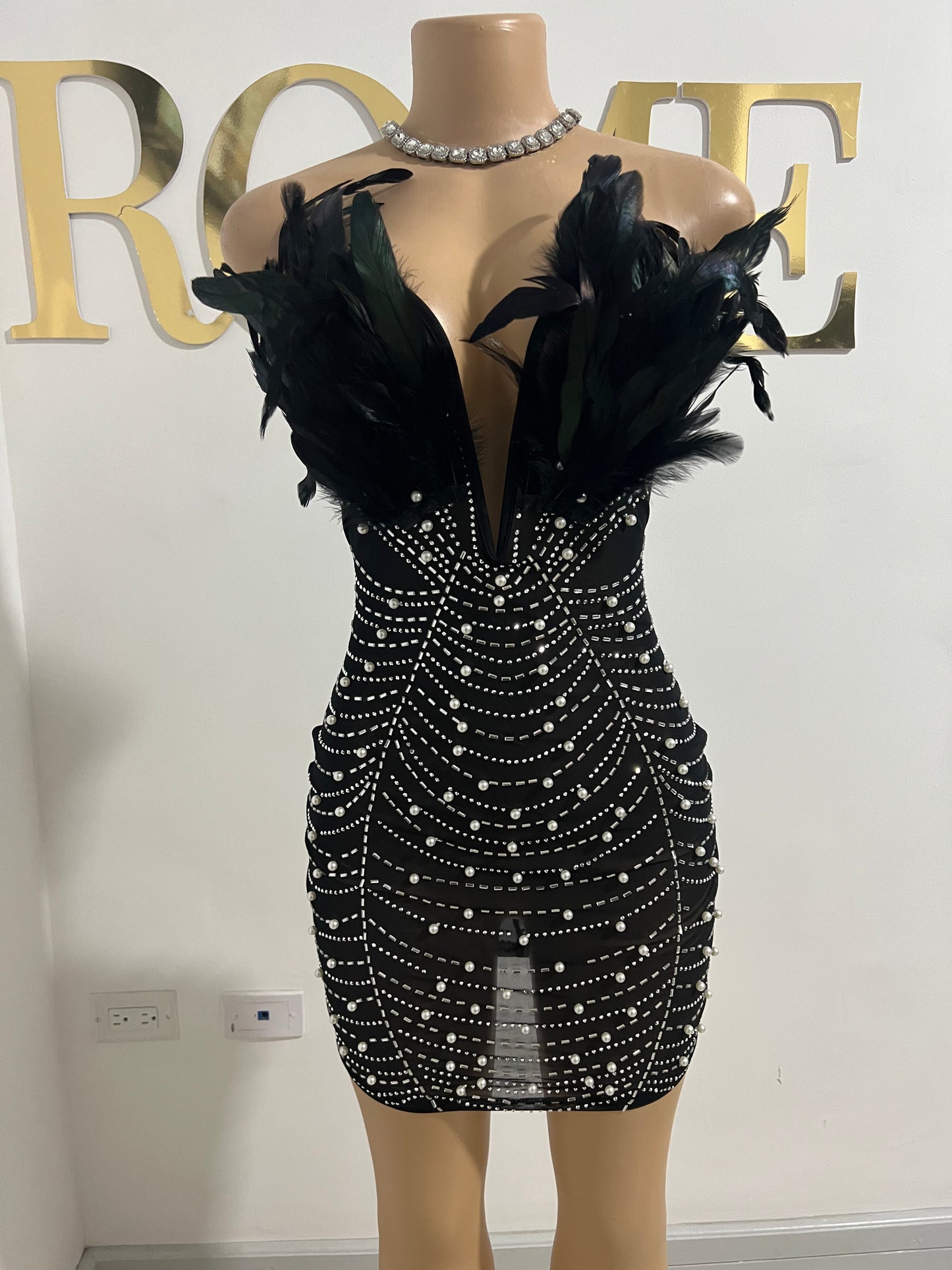 Elle Feather Crystal Dress (Black)