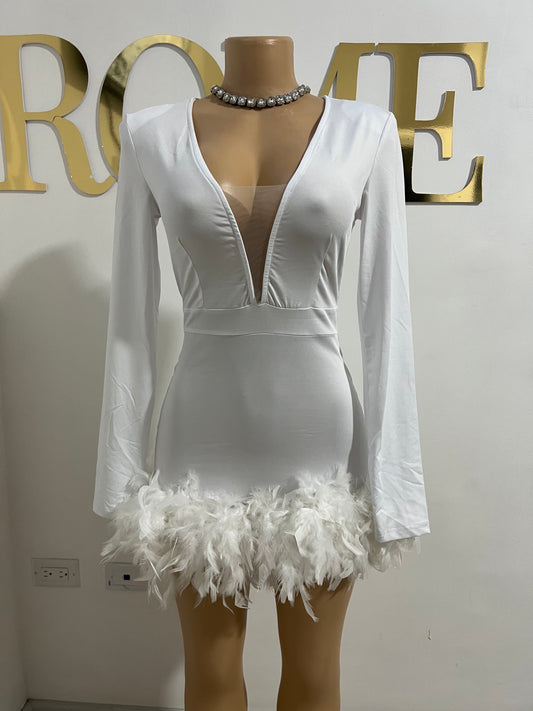 Slay Feather Mini Romper Dress (White)