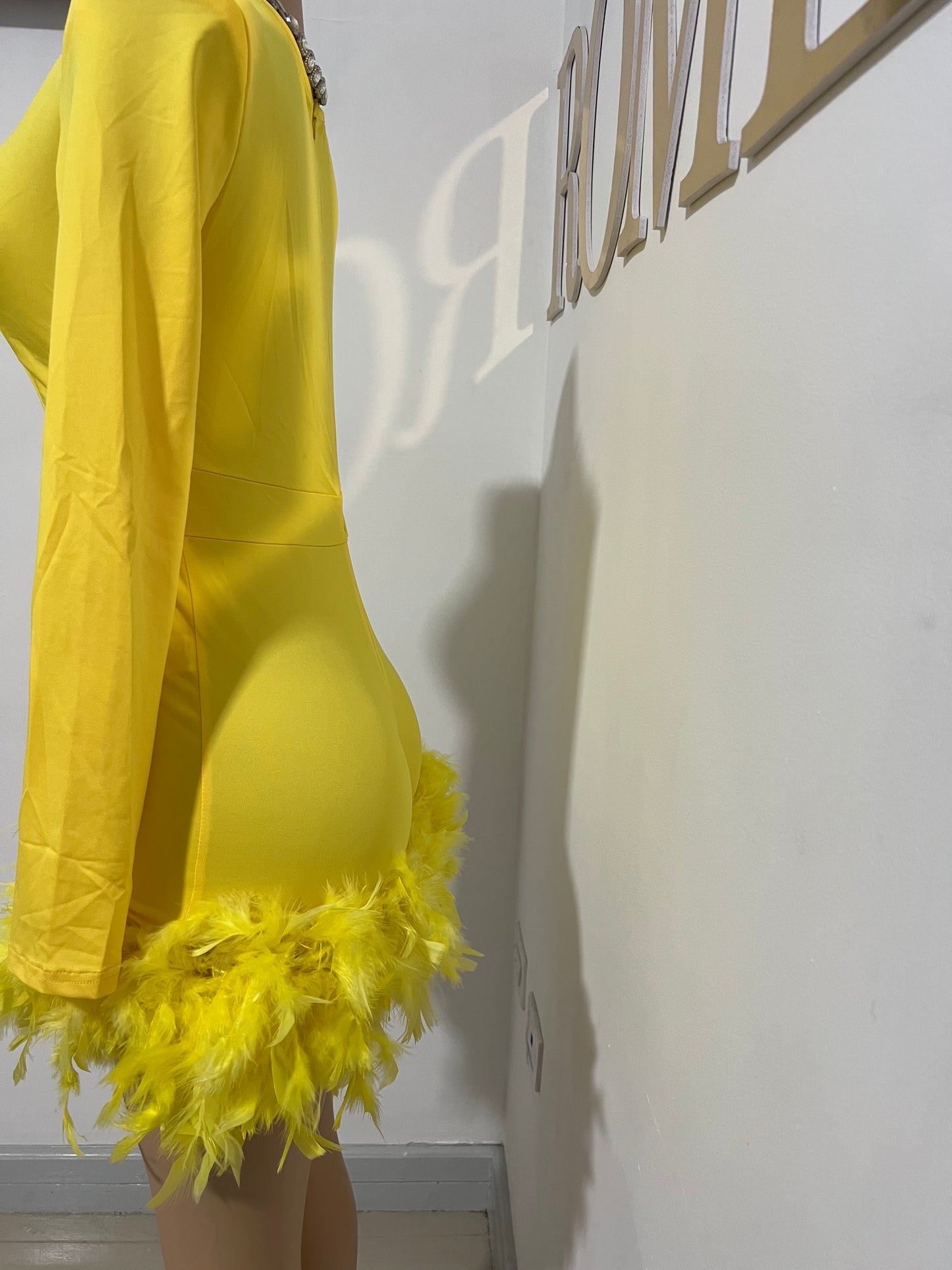 Slay Feather Mini Romper Dress (Yellow)