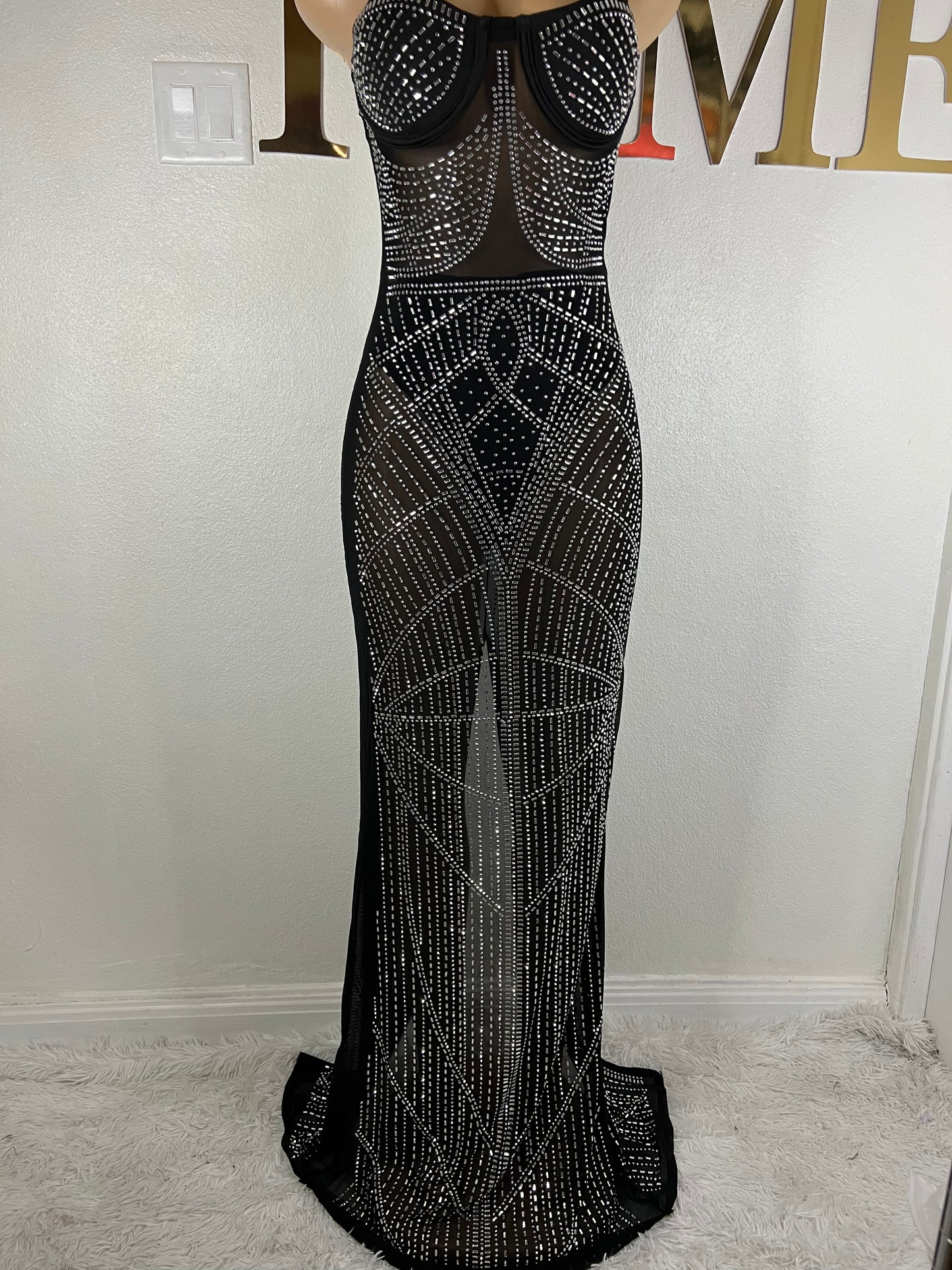 Hannah Crystal Mesh Dress (Black)